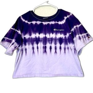 Champion Purple Tie Dye Cropped T-Shirt Women's Size Large Streetwear Y2K Boxy